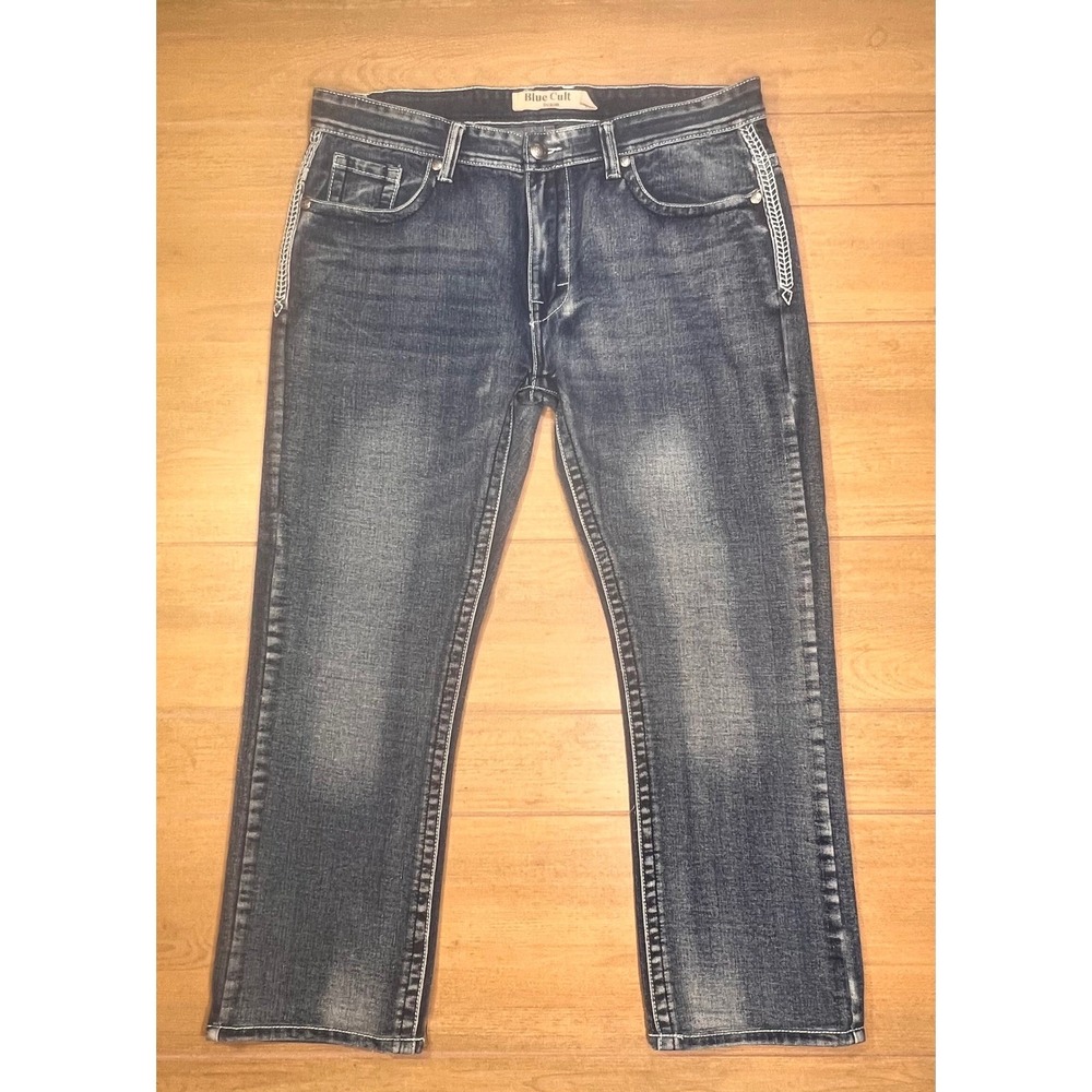 Blue Cult Denim Jeans Men's Sz36 Straight Leg Blue Wash Embroidered‎ Pockets VTG